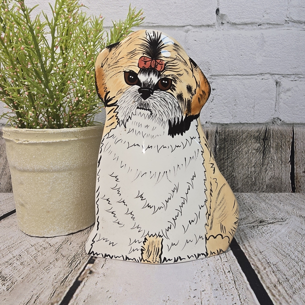 VINTAGE NINA LYMAN CERAMIC HAND PAINTED SHIH TZU DOG 8 INCH VASE